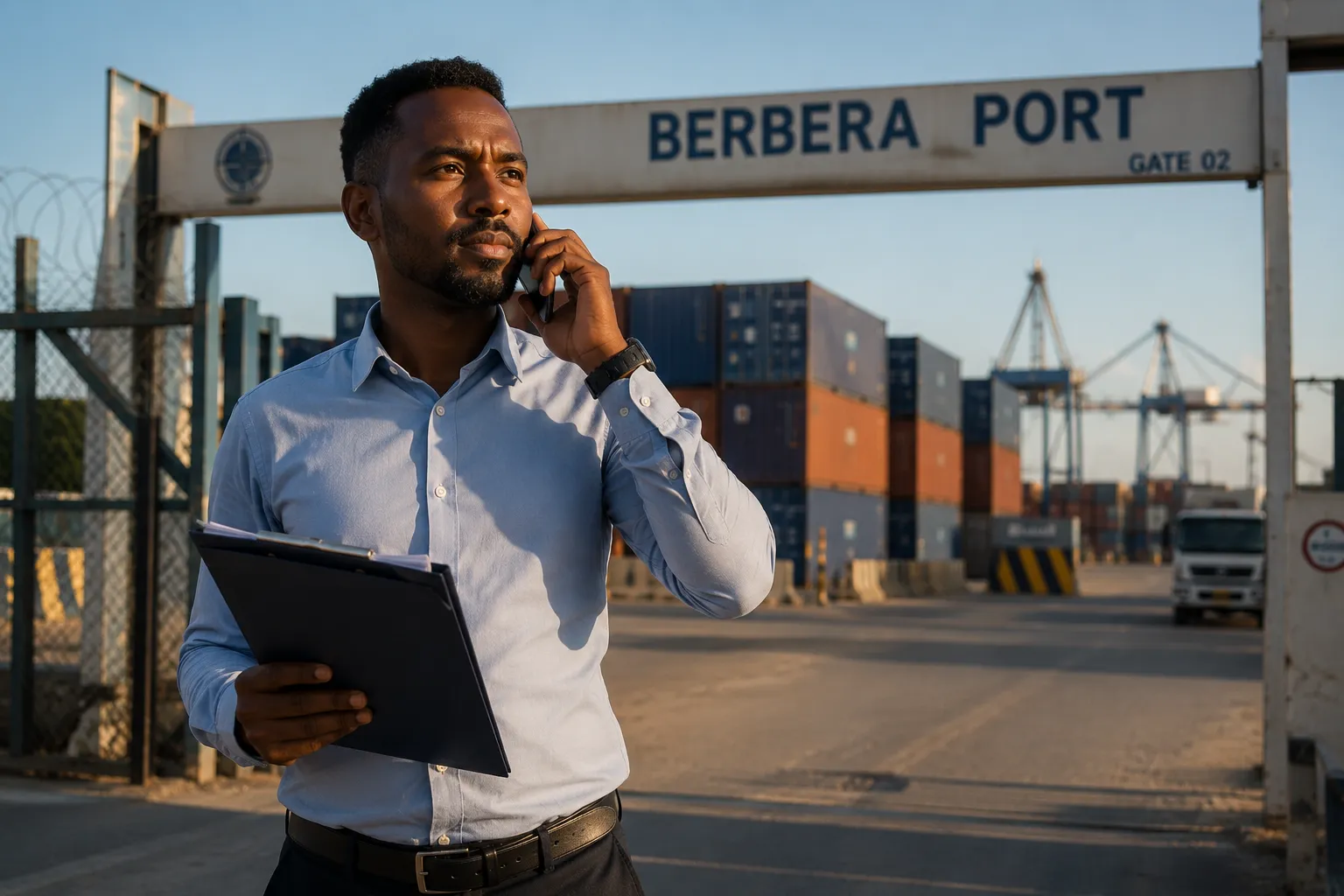 MCN Gateway coordinator on the phone at the port gate, holding shipment paperwork.